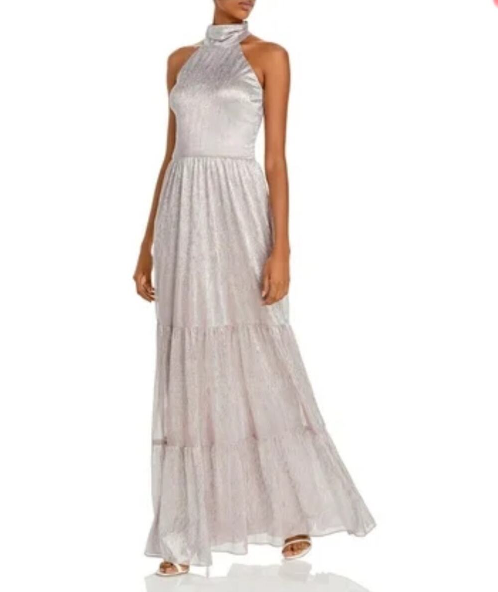 AQUA Pink and Silver Evening Gown Metallic A-Line Halter Maxi Dress Size 10